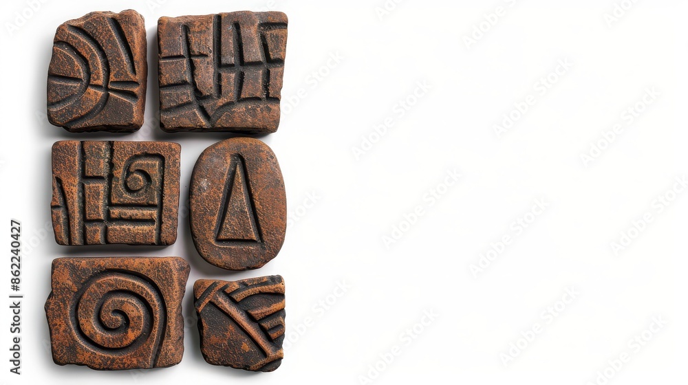 Ancient carved stone tablets with geometric symbols on a white background. Six unique patterns are featured in a vertical arrangement.