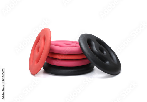 neoprene rubber coated colorful gym wieght plates isolated on white background