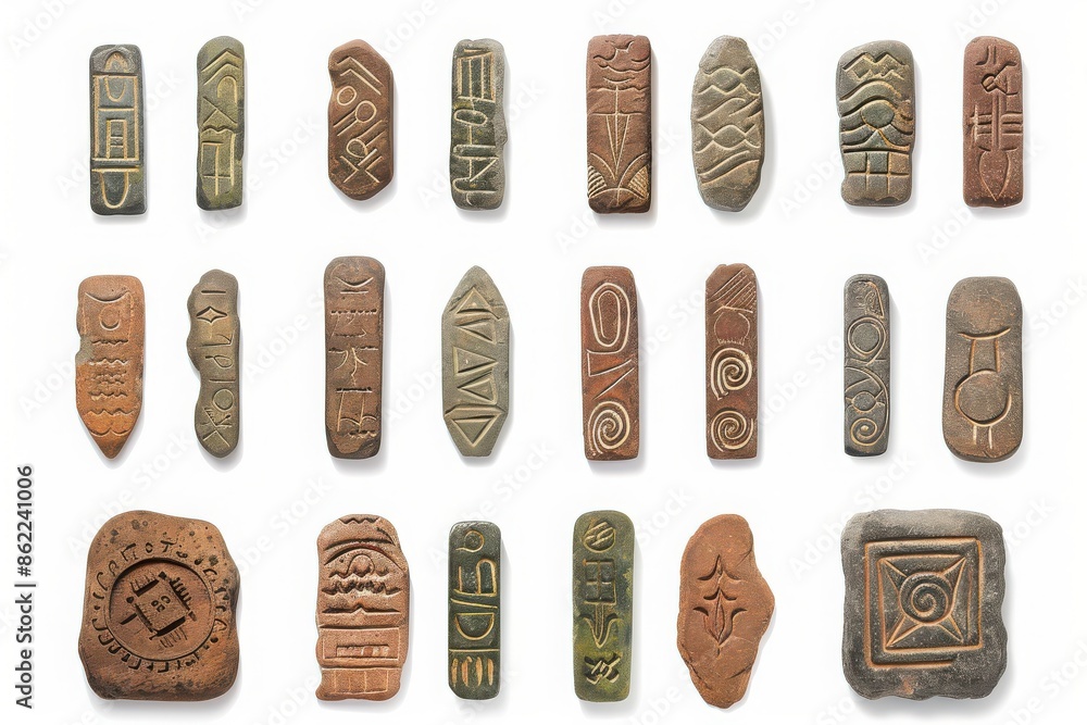 Assorted ancient clay tablets with carved symbols. Collection of ...