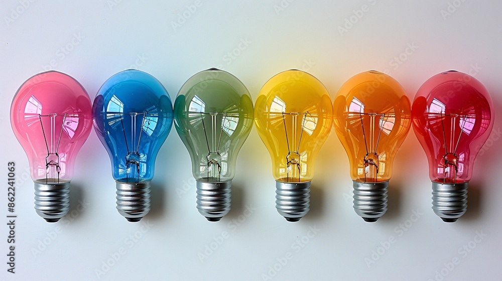 A series of rainbow-colored light bulbs arranged in a straight line on a white background, symbolizing creativity and pride A series of rainbow-colored light bulbs arranged in a straight line on a white background, symbolizing creativity and pride