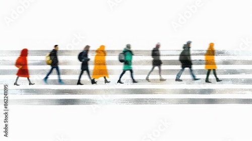 Blurred motion image of people crossing a street wearing colorful clothing, emphasizing urban movement and diversity in everyday city life. © Jeannaa