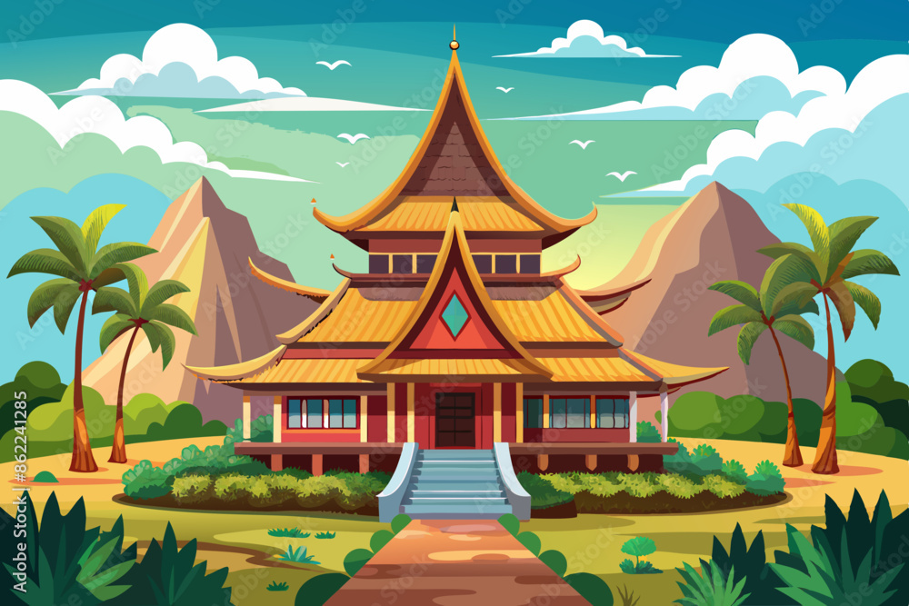 colorful vector illustration of indonesia traditional house scenery