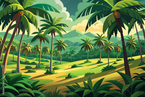 colorful vector illustration of coconut tress field background photo