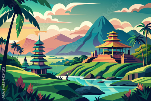 colorful vector illustration of indonesia traditional house scenery
