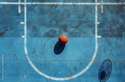A Basketball Resting on a Blue Outdoor Court