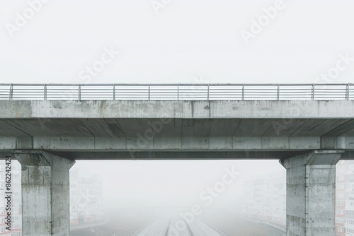 Concrete overpass bridge in a foggy urban setting with an industrial, minimalist design, depicting architectural simplicity. photo