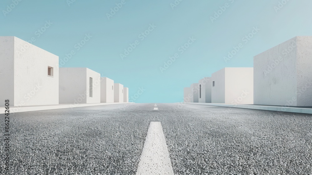 Empty asphalt road leading through minimalistic white buildings under clear blue sky, symbolizing simplicity, tranquility, and modern architecture. Empty asphalt road leading through minimalistic white buildings under clear blue sky, symbolizing simplicity, tranquility, and modern architecture.