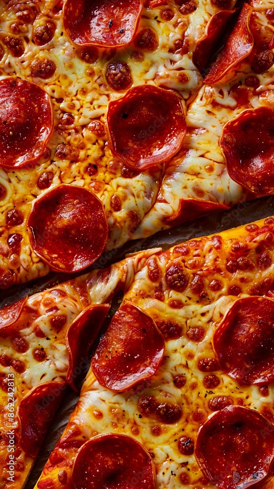 A pepperoni pizza with a slice missing. A pepperoni pizza with a slice missing.
