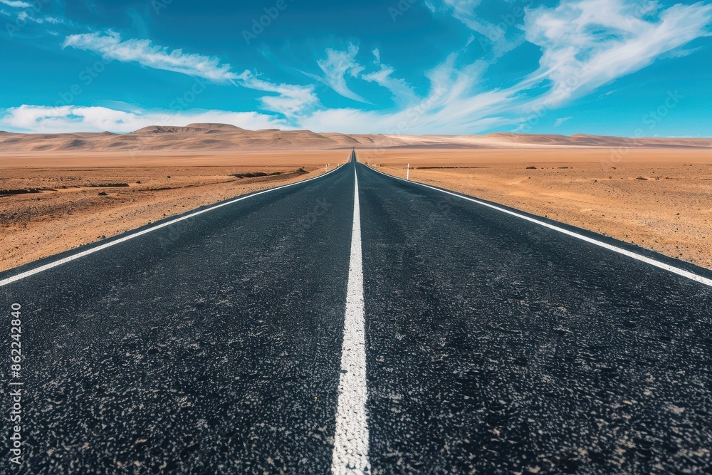 Endless straight road through a desert landscape under a vibrant blue sky with wispy clouds, symbolizing travel and adventure. Endless straight road through a desert landscape under a vibrant blue sky with wispy clouds, symbolizing travel and adventure.