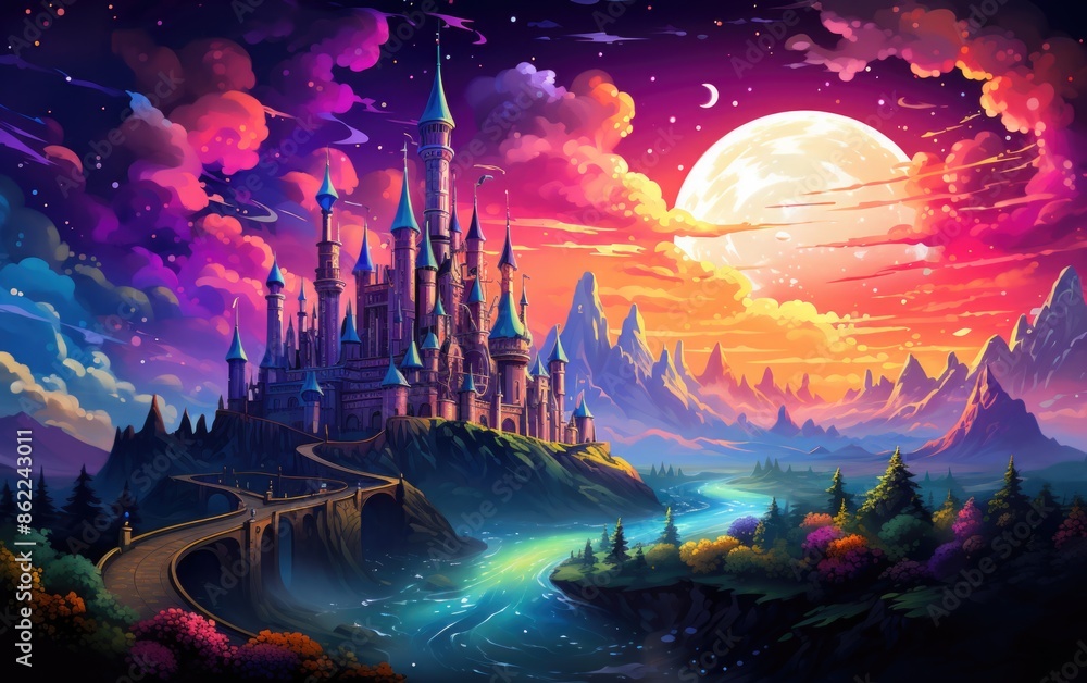 Obraz premium Whimsical Pixel Art Fantasy World with Castles, Dragons, and Knights in Vibrant Digital Setting