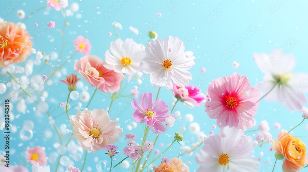 Beautiful spring flowers in full bloom against a vibrant blue sky, capturing the essence of nature and the freshness of the season.