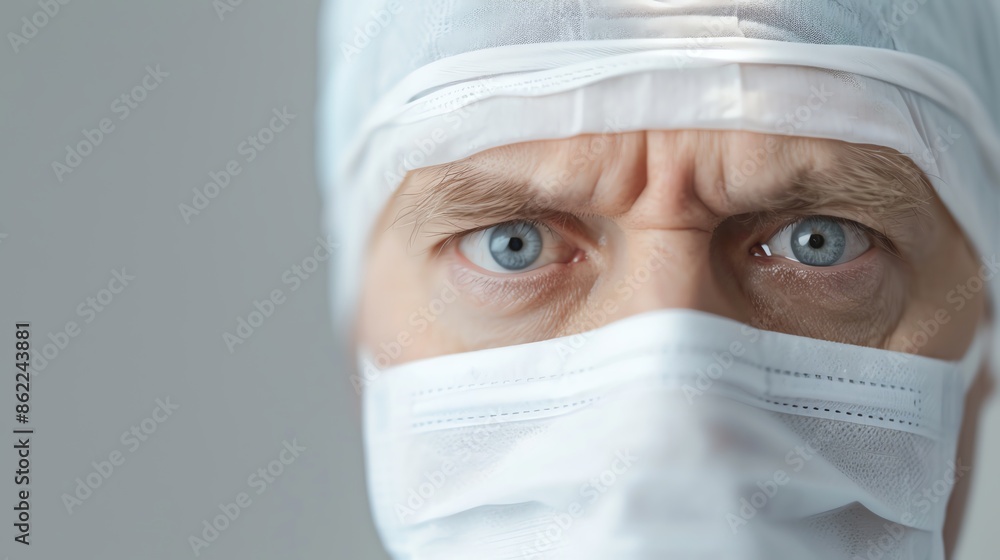Close-up of a serious doctor wearing a surgical mask and cap, focused eyes conveying determination and concentration in a sterile environment. Close-up of a serious doctor wearing a surgical mask and cap, focused eyes conveying determination and concentration in a sterile environment.