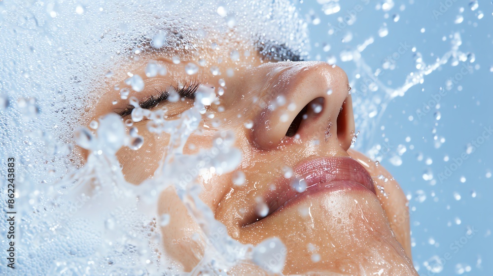 Fototapeta premium Close-up of a person enjoying a refreshing splash of water on their face, symbolizing freshness and relaxation.