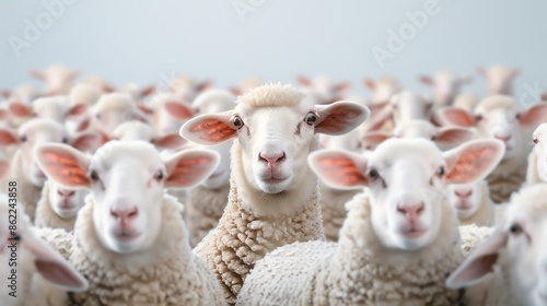 Close-up of a flock of sheep in a field, with one sheep in focus looking directly at the camera, showcasing fluffy white wool.