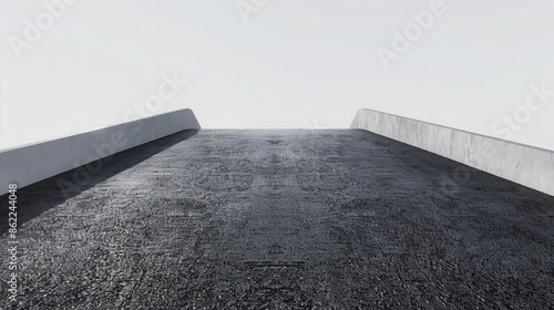 Minimalist low angle view of an empty bridge with clean lines and textured asphalt surface extending into a clear sky, symbolizing progress.