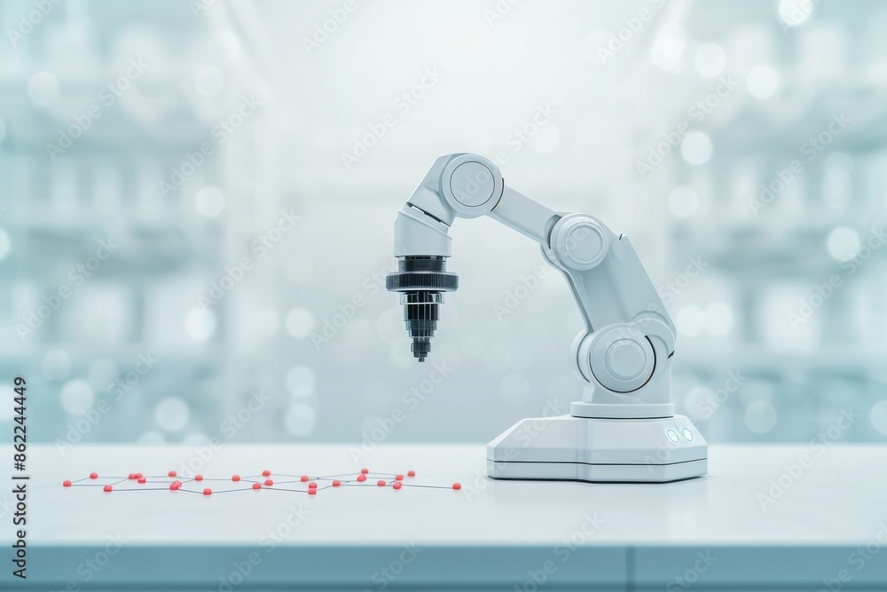 Robotic arm in a laboratory setting, showcasing precision technology and the future of automated medical research and development. Robotic arm in a laboratory setting, showcasing precision technology and the future of automated medical research and development.
