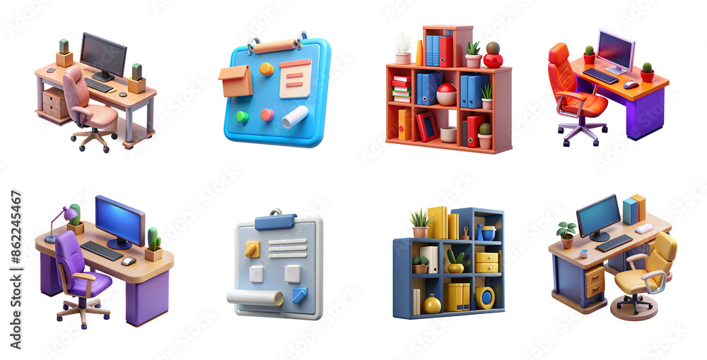 Vibrant 3d computer desk, office items such as pens, notebooks, and paper clips in different colors. Assorted office supplies in various colors, including pens, notebooks, and paper clips. Vibrant 3d computer desk, office items such as pens, notebooks, and paper clips in different colors. Assorted office supplies in various colors, including pens, notebooks, and paper clips.