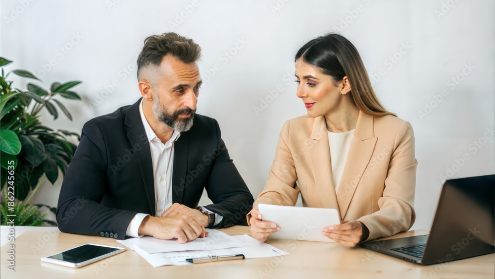 Financial Planning Session: A financial planner and a client discussing strategies over a document-filled table, focusing on personal finance and investment.
Financial Planning Session: A financial planner and a client discussing strategies over a document-filled table, focusing on personal finance and investment.