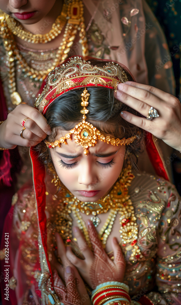 Indian child bride being prepared for her wedding day by family members She is upset and crying.
Indian child bride being prepared for her wedding day by family members She is upset and crying.