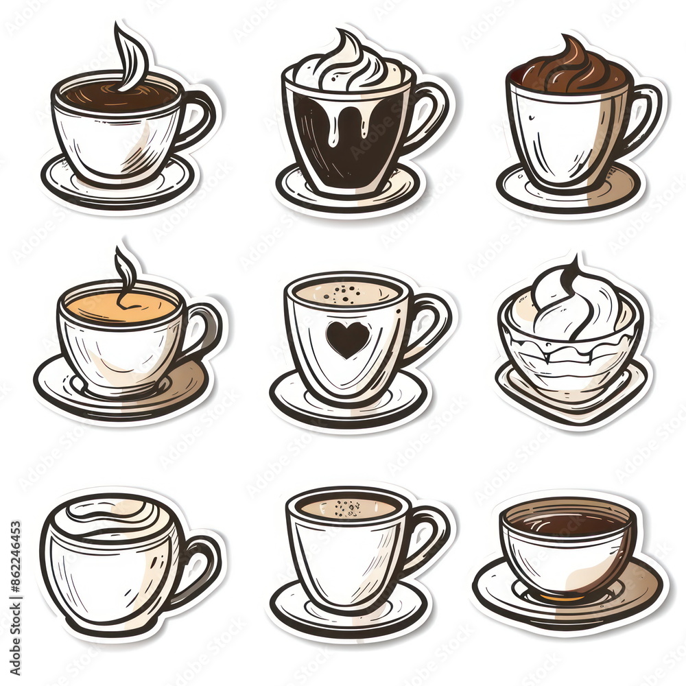 Collection sticker of coffee cup, white background, vector illustration Collection sticker of coffee cup, white background, vector illustration