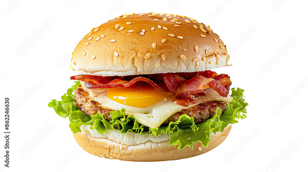 Delicious gourmet cheeseburger with bacon, lettuce, and egg on a sesame seed bun. Perfect for food lovers and culinary photography. Delicious gourmet cheeseburger with bacon, lettuce, and egg on a sesame seed bun. Perfect for food lovers and culinary photography.