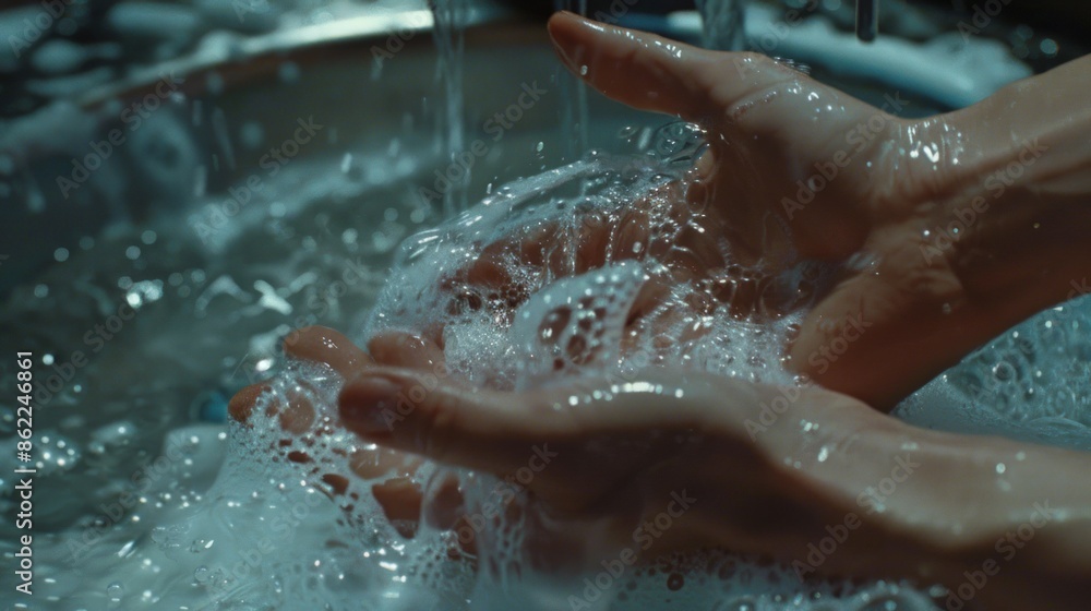 Fototapeta premium A person is washing their hands in a sink. Generate AI image