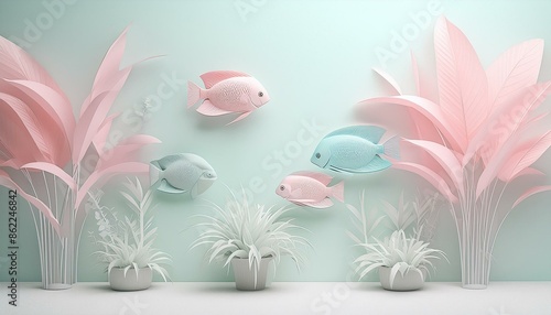 パステルカラーの3dの熱帯魚と白い水草　背景は無地の淡い水色 photo
