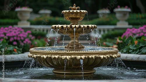 Gold Opulent gold fountain with intricate carvings and cascading water, symbolizing luxury and grandeur in a lavish garden setting. Illustration, Minimalism,