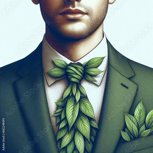 a man wearing a suit with a tie made of leaves. close-up style, realistic photo style