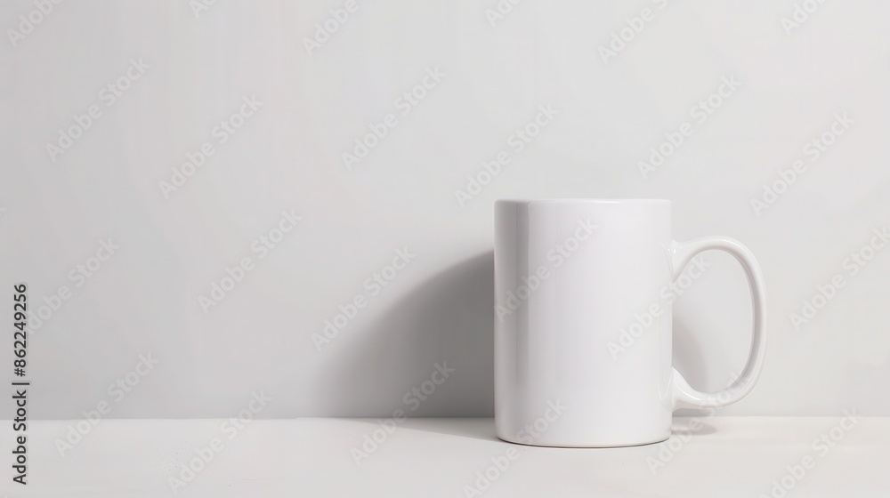 Minimalist white mug on a light gray background, perfect for branding or design purposes. Isolated with space for text. High-resolution image. Minimalist white mug on a light gray background, perfect for branding or design purposes. Isolated with space for text. High-resolution image.