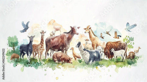 Watercolor illustration. Bible Old Testament. Creation of animals, Genesis