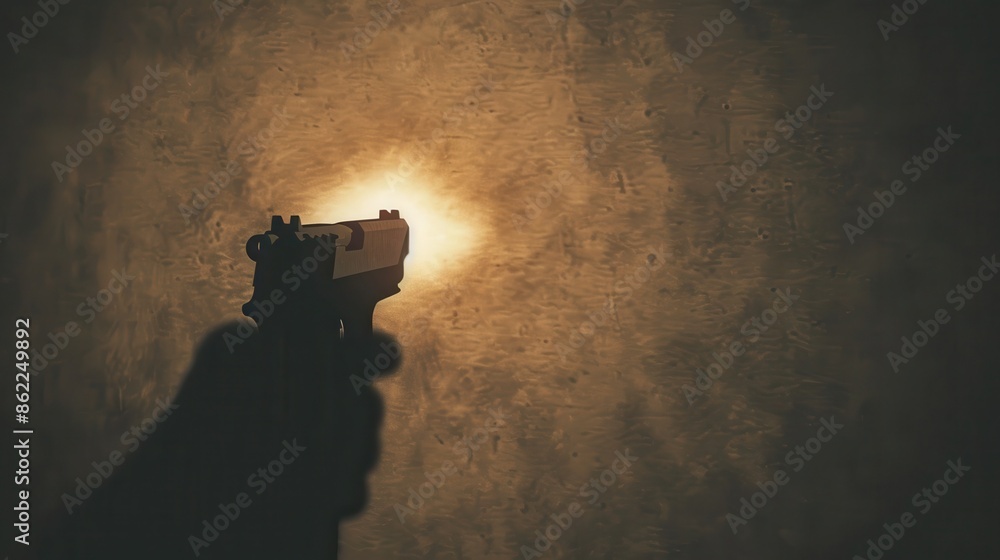Silhouette of a handgun against a textured wall with light glow, creating a dramatic and intense atmosphere. Silhouette of a handgun against a textured wall with light glow, creating a dramatic and intense atmosphere.