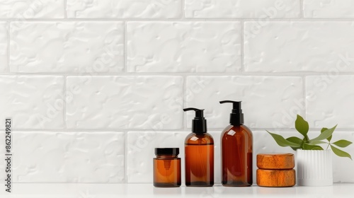 Set of amber glass bottles with beauty or skincare products arranged against a white brick wall with a small green plant.