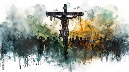 The Crucifixion and Death of Jesus. Watercolor painting.