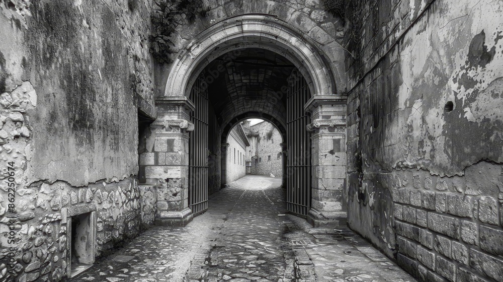 Ancient fortified tunnel in black and white, with imposing gates and detailed carvings, transporting viewers back to ancient times Ancient fortified tunnel in black and white, with imposing gates and detailed carvings, transporting viewers back to ancient times