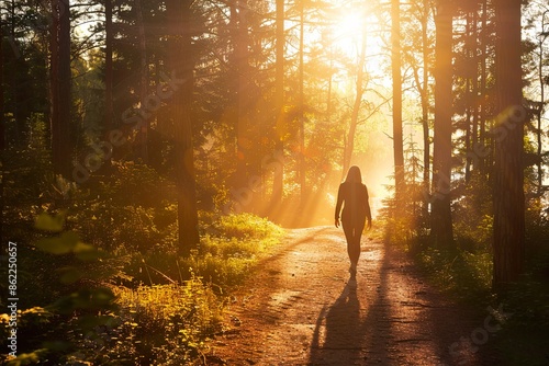 Woman Hiking on Forest Trail in Sunlight photo