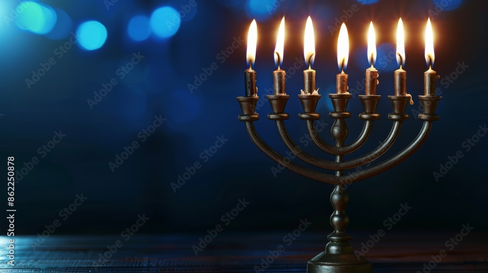 Hanukkah menorah with burning candles and blue bokeh background, holiday celebration scene. Jewish festival of lights concept Hanukkah menorah with burning candles and blue bokeh background, holiday celebration scene. Jewish festival of lights concept