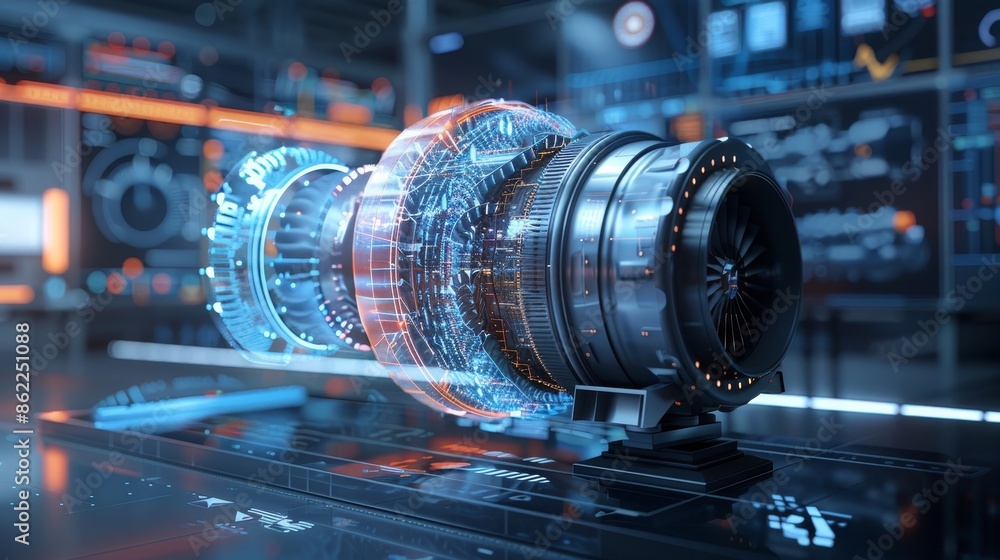 Big turbine engine in real-time, twin technology engines, featuring advanced digital integration and modern engineering feats Big turbine engine in real-time, twin technology engines, featuring advanced digital integration and modern engineering feats
