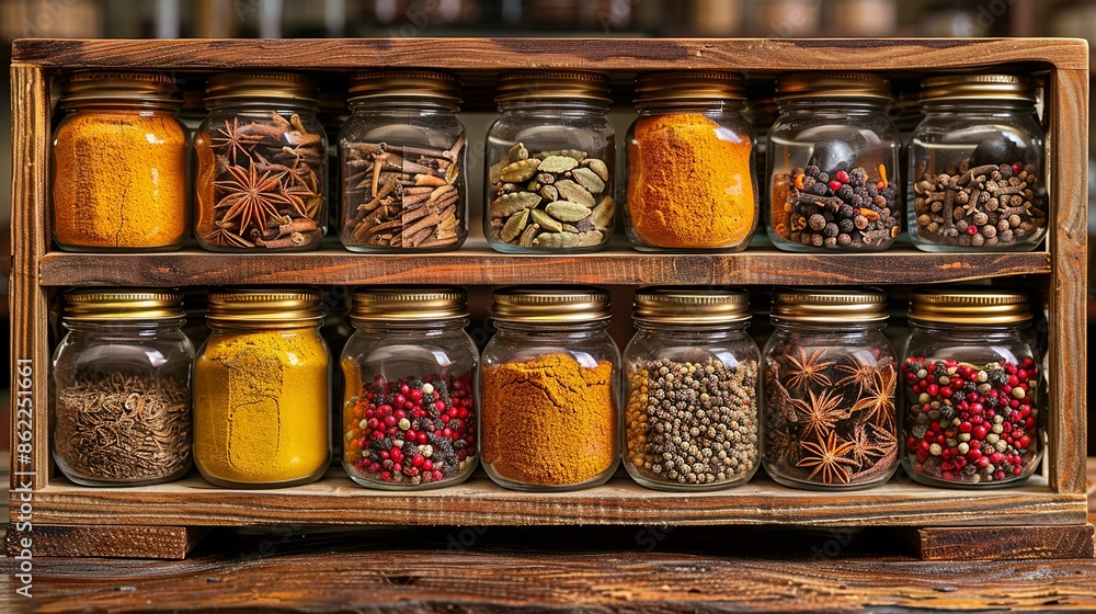 Seasoning Rustic wooden spice rack filled with jars of exotic spices, including turmeric, cardamom, and star anise, adding depth and complexity to dishes. Illustration, Minimalism, Seasoning Rustic wooden spice rack filled with jars of exotic spices, including turmeric, cardamom, and star anise, adding depth and complexity to dishes. Illustration, Minimalism,