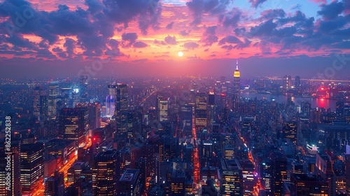 Travel Aerial view of a vibrant city skyline at night, illuminated with dazzling lights and bustling with energy, capturing the essence of urban exploration. Illustration, Minimalism,