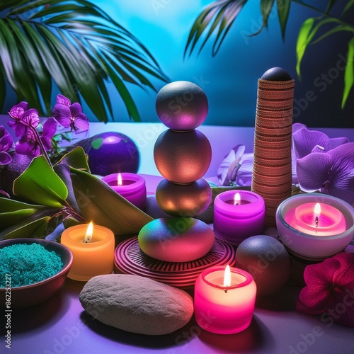 composition with neon colors used in a subtle, spiritual manner, with a focus on calmness and inner peace.