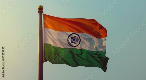 Indian Flag Waving in the Wind Against a Blue Sky