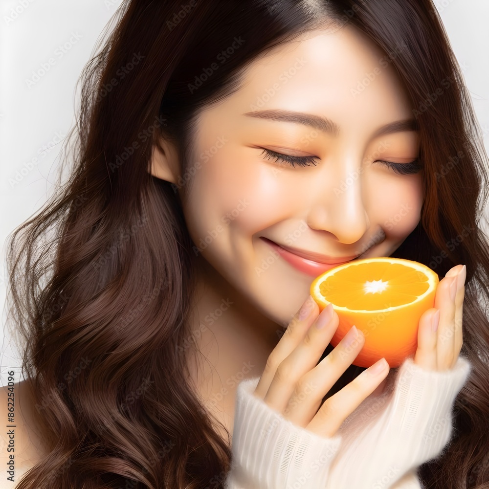 Happy Asian young woman smell orange on white background, fresh nutrition concept
Happy Asian young woman smell orange on white background, fresh nutrition concept