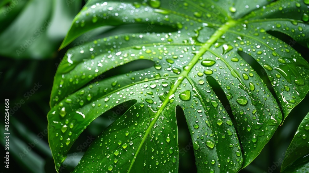 Close-up of a fresh Monstera leaf with water droplets, supported by a moss pole, showcasing lush greenery and moisture Close-up of a fresh Monstera leaf with water droplets, supported by a moss pole, showcasing lush greenery and moisture