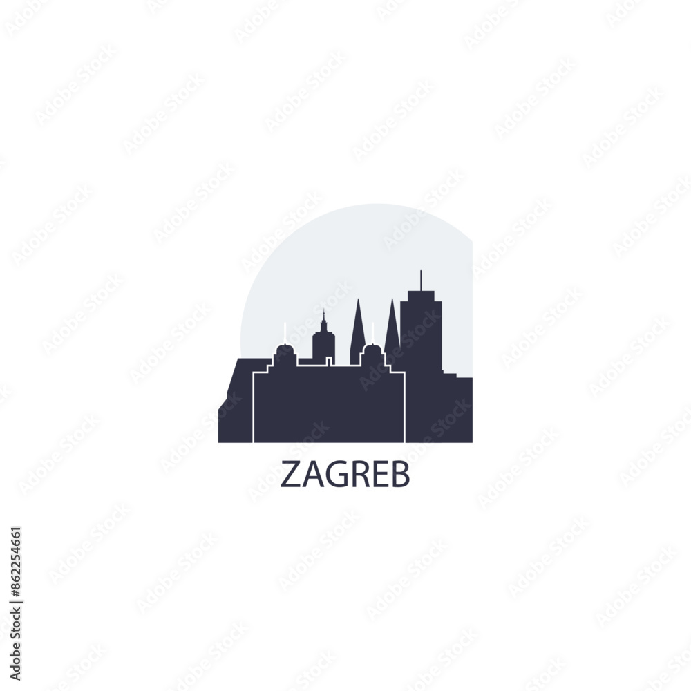 Naklejka premium Zagreb skyline, downtown panorama logo, logotype. Croatia capital city badge contour, isolated vector pictogram with cathedral, monuments, landmarks, skyscrapers, gate at sunrise, sunset