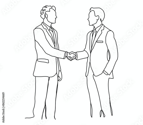 Continuous one line drawing two business men shaking hands, Line drawing vector illustration, character of two men at a business meeting