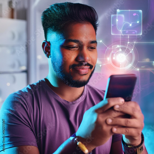 person engaging with a digital health tool, such as a mindfulness app, with a calming and futuristic aesthetic