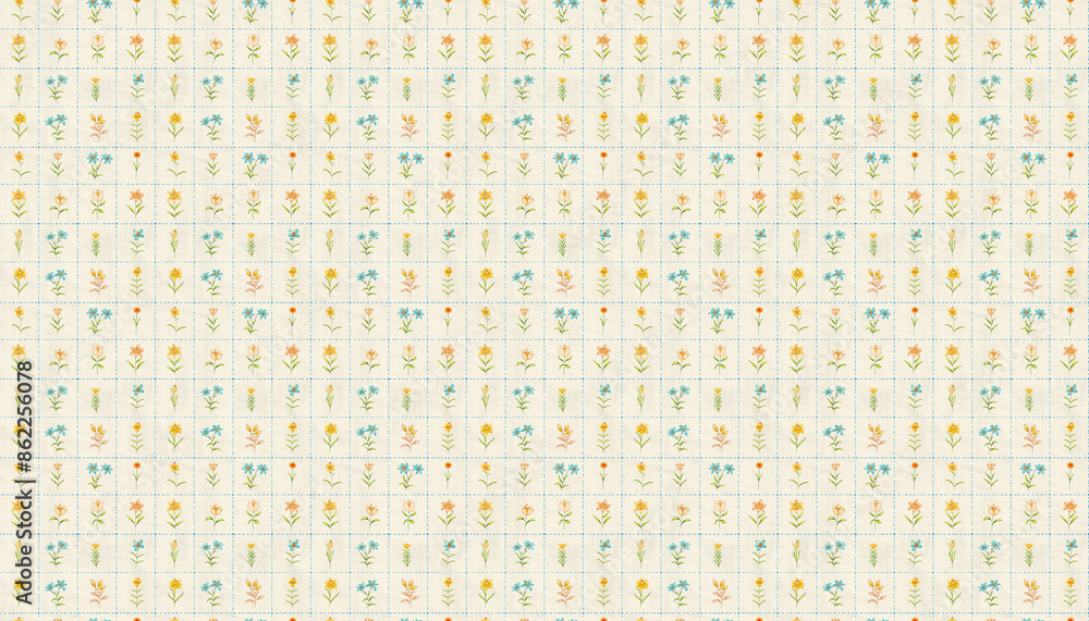 A pattern that features small flowers in grids in pastel colors on cream linen fabric, each grid contains one lily from various varieties, the grid is blue dotted lines A pattern that features small flowers in grids in pastel colors on cream linen fabric, each grid contains one lily from various varieties, the grid is blue dotted lines
