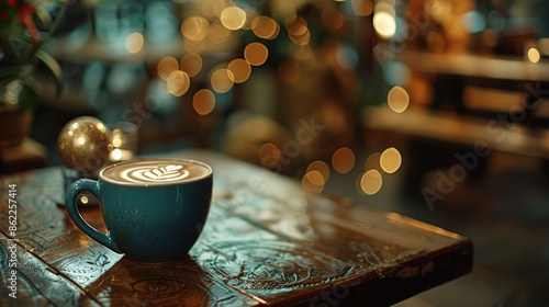 A white coffee cup with a snowflake design sits on a wooden table. Generate AI image