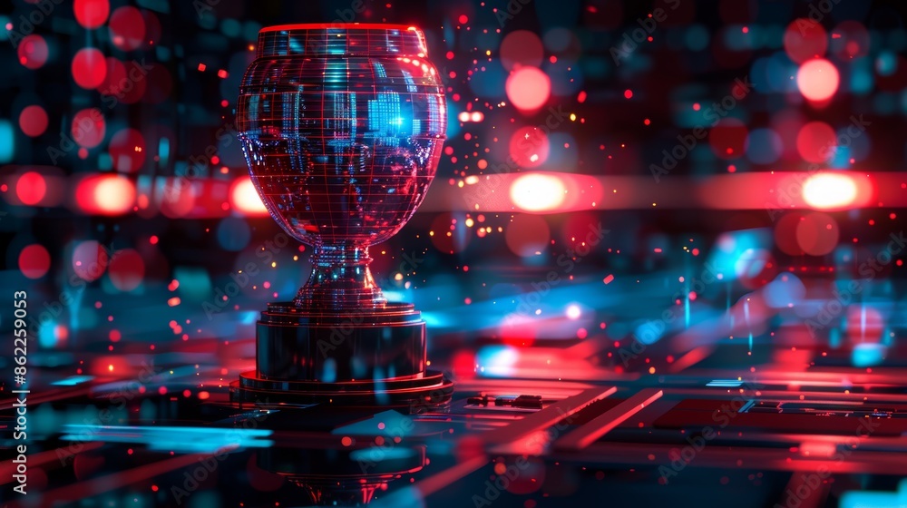 Obraz premium A futuristic 3D visualization of a trophy with holographic features, illustrating a modern approach to winning and accomplishment.